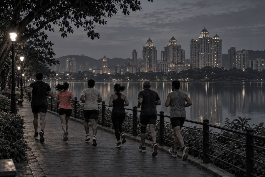 A small running club on an early morning run beside Powai Lake