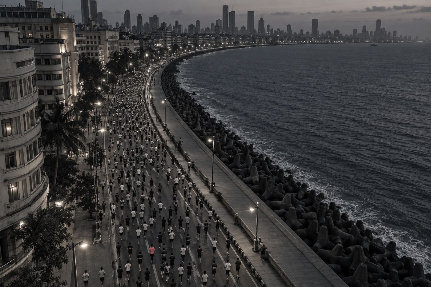 Thousands of runners on Marine Drive during a Mumbai city marathon at dawn