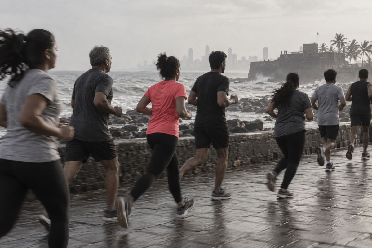 A mixed group of runners on the Bandstand promenade in Bandra