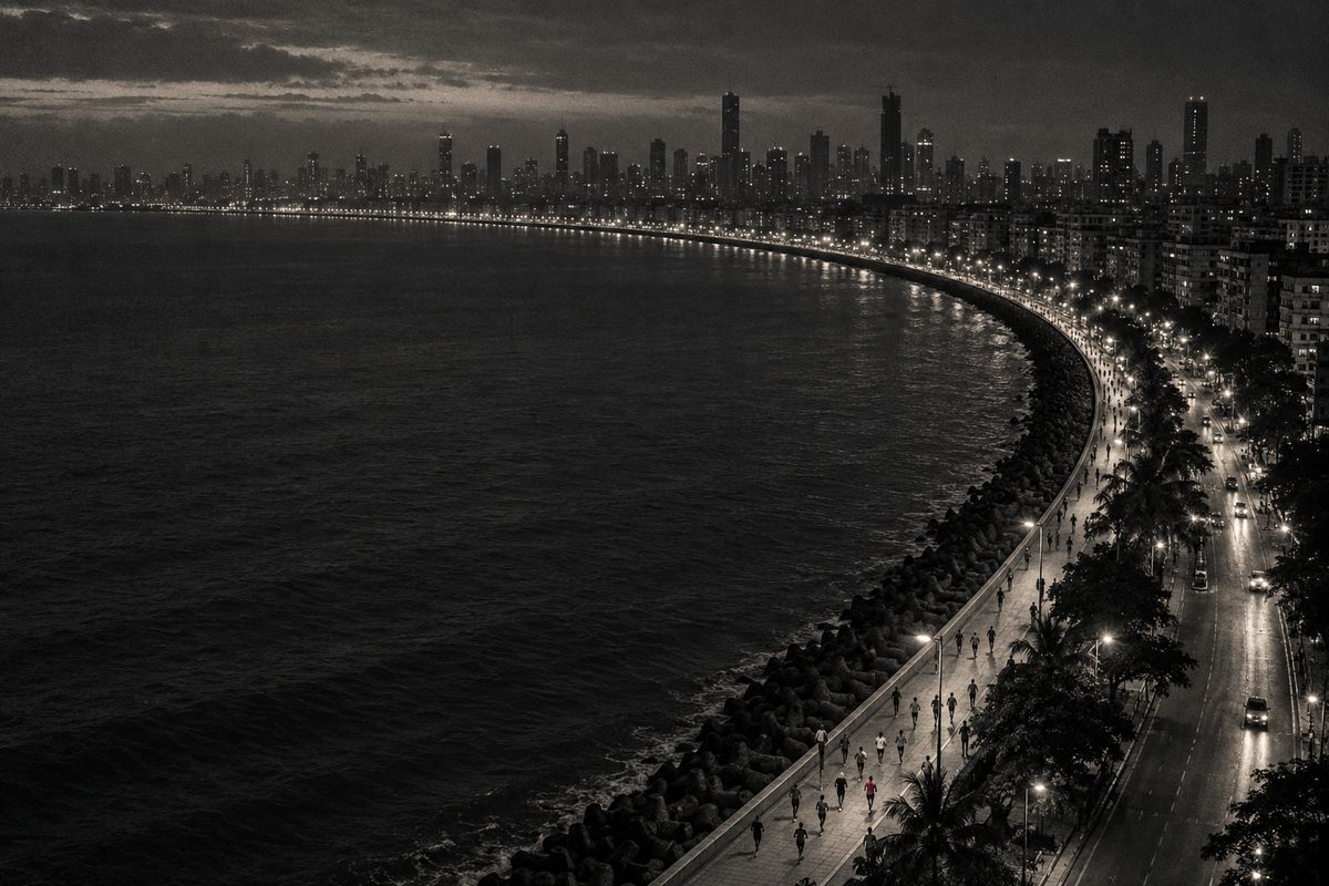 Marine Drive in Mumbai from above before sunrise, the curve of the promenade lit along the sea