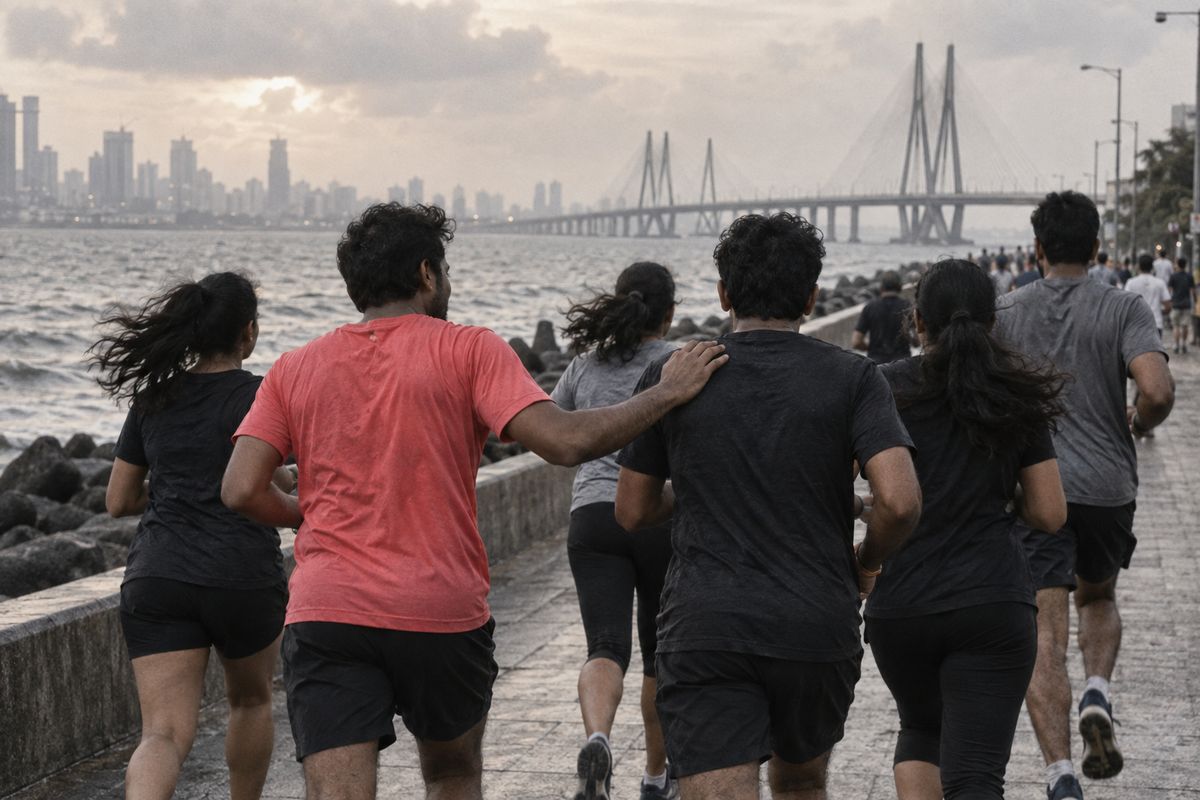 Friends running together on Worli Sea Face with the Sea Link behind them